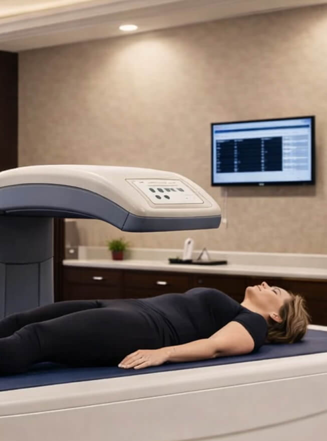 Woman doing a DEXA scan, used to measure bone mineral density